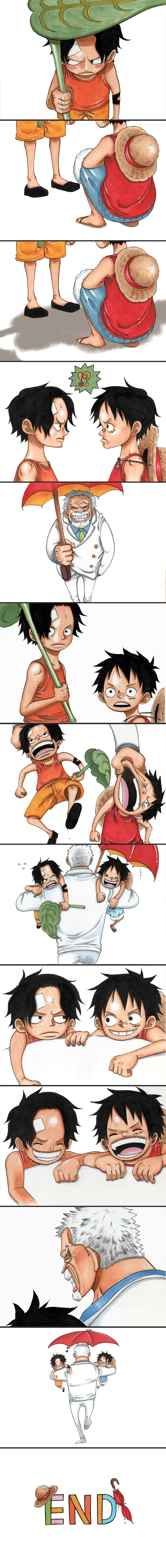 3boys absurdres brother brothers carry carrying child comic east_blue family freckles grandfather highres incredibly_absurdres leaf long_image male male_focus monkey_d_garp monkey_d_luffy multiple_boys one_piece portgas_d_ace red_shirt shirt shueisha siblings strip tall_image umbrella undressing water young younger