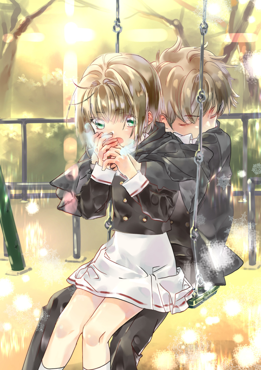 1boy 1girl antenna_hair bangs barakamomoaka blush breath brown_eyes brown_hair card_captor_sakura eyes_closed green_eyes highres hug hug_from_behind kinomoto_sakura li_xiaolang school_uniform sitting sitting_on_person skirt swing tomoeda_middle_school_uniform warming_hands