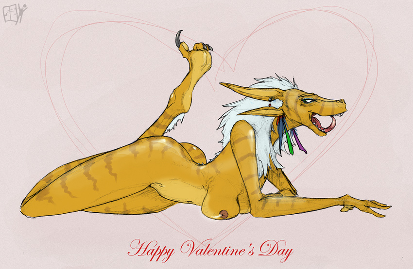 alien anthro breasts claws digitigrade dinosaur english_text female four_ears hair hindpaw holidays invalid_tag lethal_doors looking_at_viewer multiple_ears nipples nude open_mouth paws plain_background ranged_weapon raptor scalie soles solo teeth text tongue valentine's_day valentine's_day weapon white_hair yellow_skin