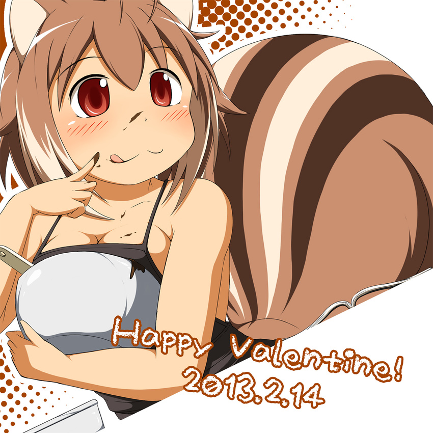 :3 animal_ears apron blazblue brown_hair chocolate happy_valentine highres makoto_nanaya mirano naked_apron red_eyes solo squirrel_ears squirrel_tail tail tongue tongue_out valentine