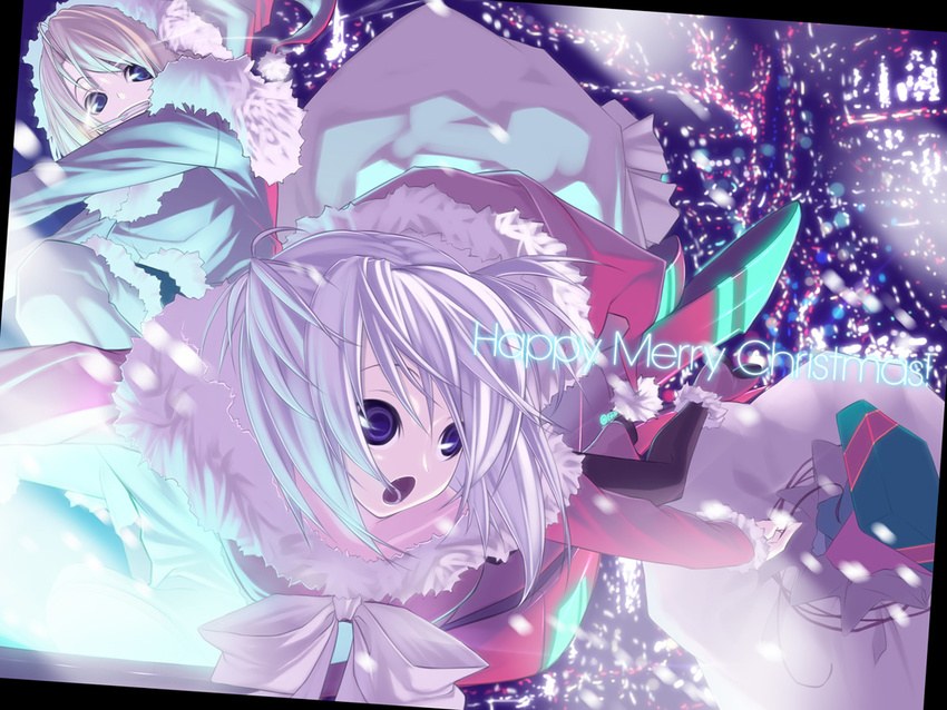 christmas cityscape flying fur multiple_girls open_mouth original sack santa_costume senmu