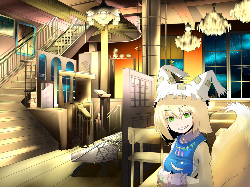 bad_id bad_pixiv_id blonde_hair cameo chair chandelier fox_tail green_eyes grin hands_in_opposite_sleeves hat highres hong_meiling indoors jewelry konpaku_youmu multiple_tails necklace night parody photo_(object) riipha_(artist) sekaiju_no_meikyuu short_hair smile solo stairs tail touhou window yakumo_ran