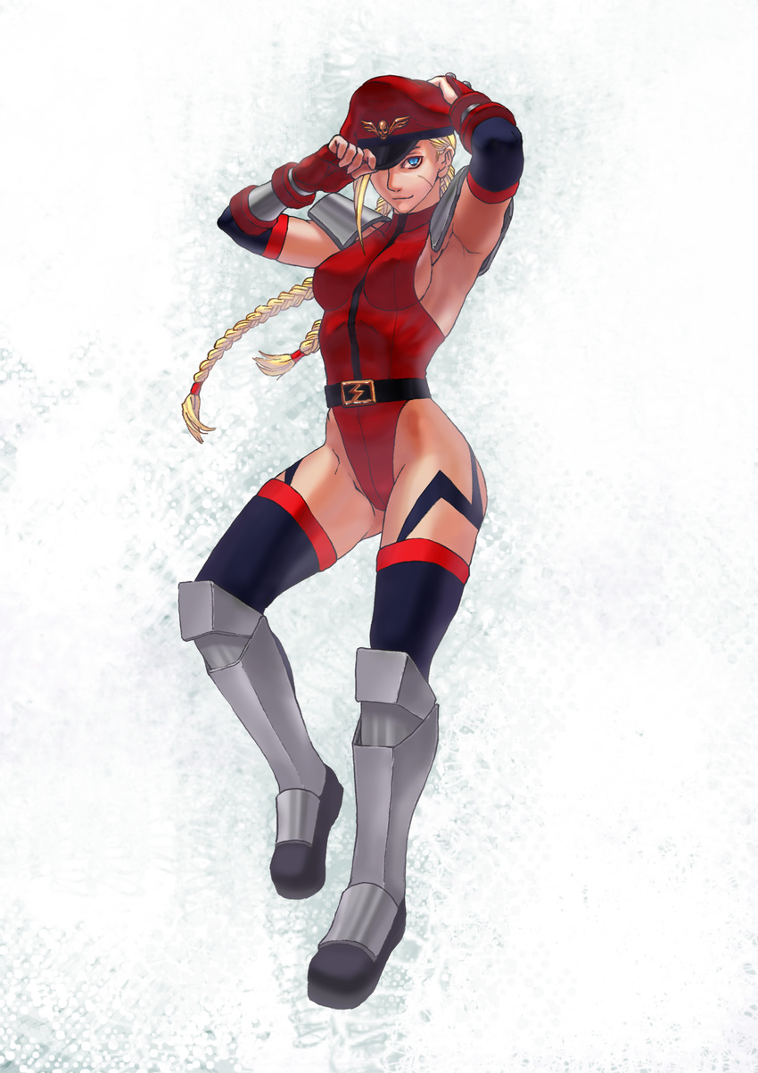 alternate_costume blonde_hair blue_eyes braid cammy_white cosplay highres long_hair solo street_fighter street_fighter_iv_(series) thighhighs vega vega_(cosplay)