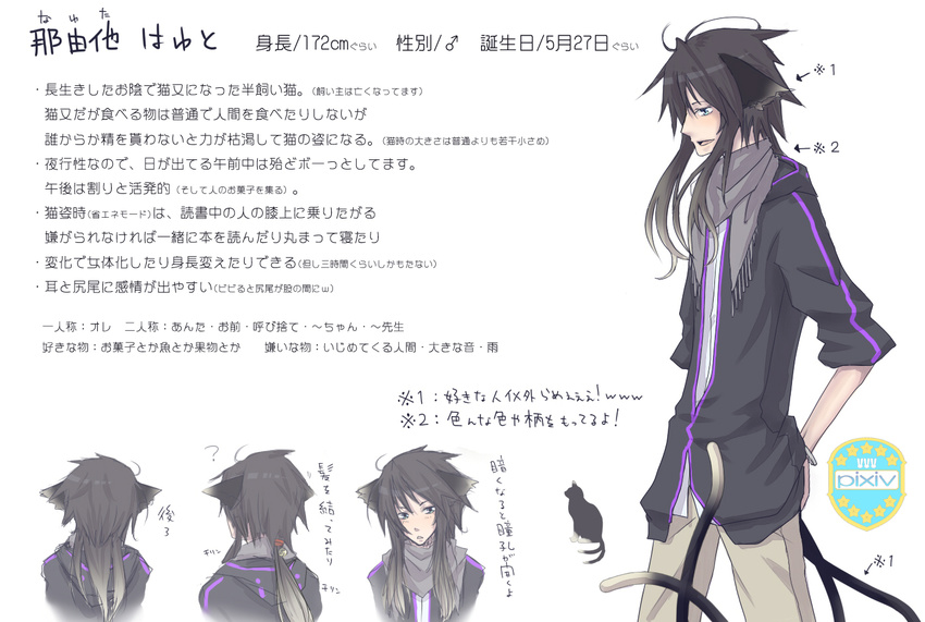 aiu animal_ears bad_id bad_pixiv_id black_hair cat_ears green_eyes hood hoodie male_focus nekomata original scarf tail translation_request