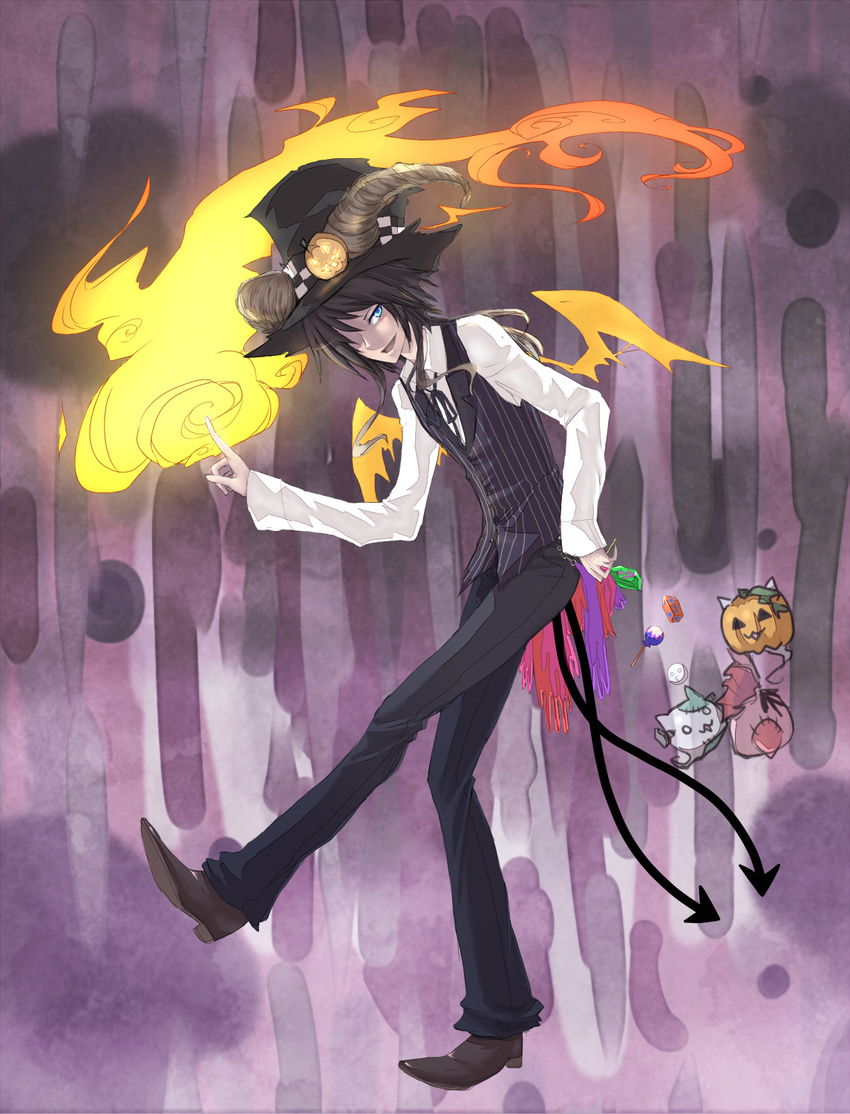 aiu bad_id bad_pixiv_id black_hair blue_eyes boots candy copyright_request fiery_wings fire food food_themed_clothes halloween hat highres horns jack-o'-lantern male_focus pumpkin solo tail top_hat vest wings