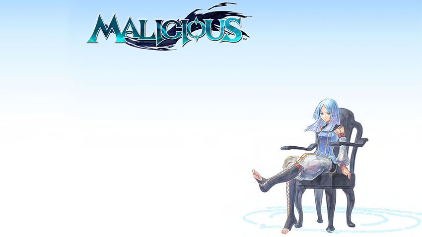 artist_request barefoot blue_eyes blue_hair chair detached_pants detached_sleeves erica_(malicious) feet jewelry long_hair malicious soles solo toe_ring toeless_legwear wallpaper
