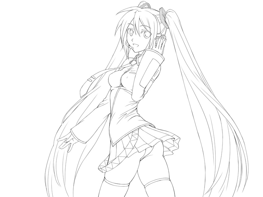 absurdres greyscale hatsune_miku highres lineart long_hair looking_at_viewer monochrome nibai open_mouth panties pantyshot skirt smile solo thighhighs twintails twisted_torso underwear vocaloid