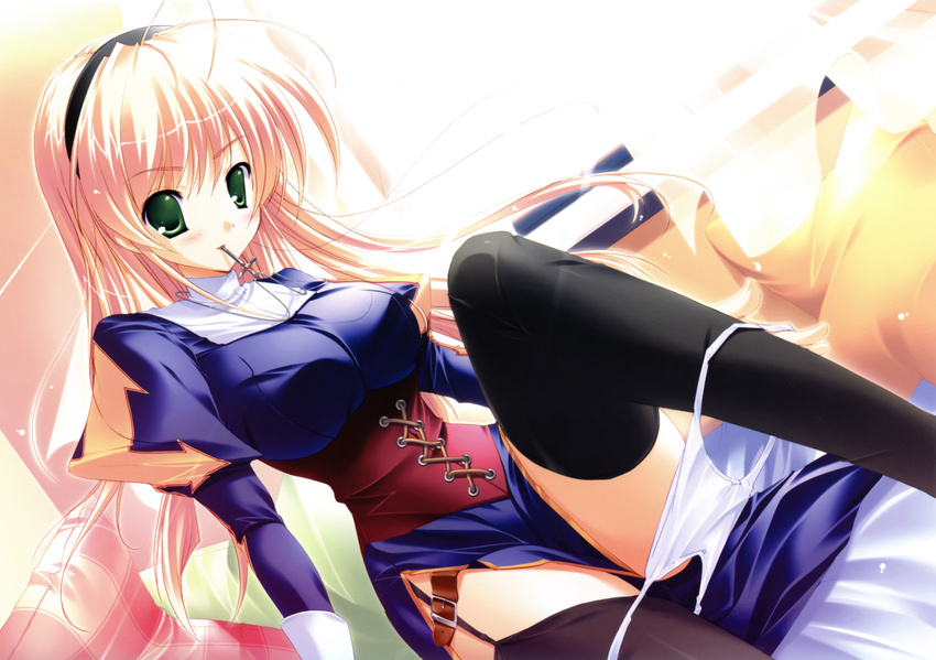 1girl absurdres blonde_hair crease green_eyes highres mikeou miraroma panties panty_pull seihouin_erika thighhighs underwear