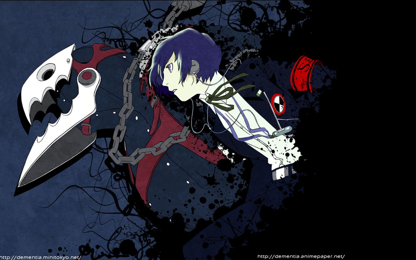 blue_hair chain coffin grey_background hair human male mammal megaten minato_arisato monster music_player persona_3 plain_background purple_eyes smoke thanatos unknown_species video_games wallpaper