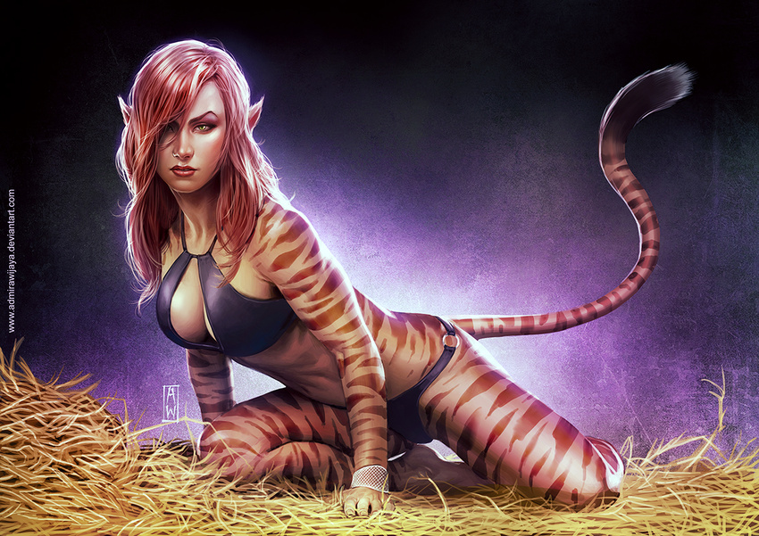 admira_wijaya animal_ears animal_tail anthro arm_support big_breasts breasts cleavage clothed clothing detailed feline female green_eyes hair hair_over_eye hay kneeling lips long_hair looking_at_viewer mammal marvel pointy_ears pose red_hair red_lips skimpy solo stripes swimsuit tiger tigergirl tigra traditional