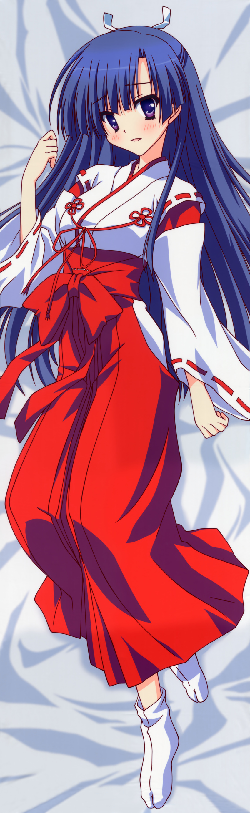 1girl absurdres blue_hair blush dakimakura highres hoshizora_e_kakaru_hashi japanese_clothes koumoto_madoka long_hair long_image miko tall_image