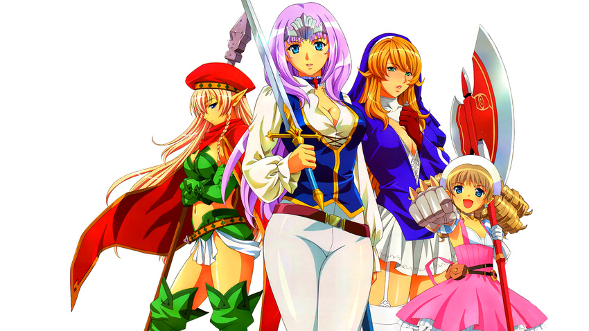 4girls alleyne alleyne_(queen's_blade) annelotte axe blonde_hair breasts brown_hair cleavage drill_hair elf highres long_hair lost_worlds multiple_girls nun pointy_ears polearm queen's_blade queen's_blade_rebellion queen's_blade queen's_blade_rebellion siggy sigui_(queen's_blade) spear sword warrior weapon ymir ymir_(queen's_blade)