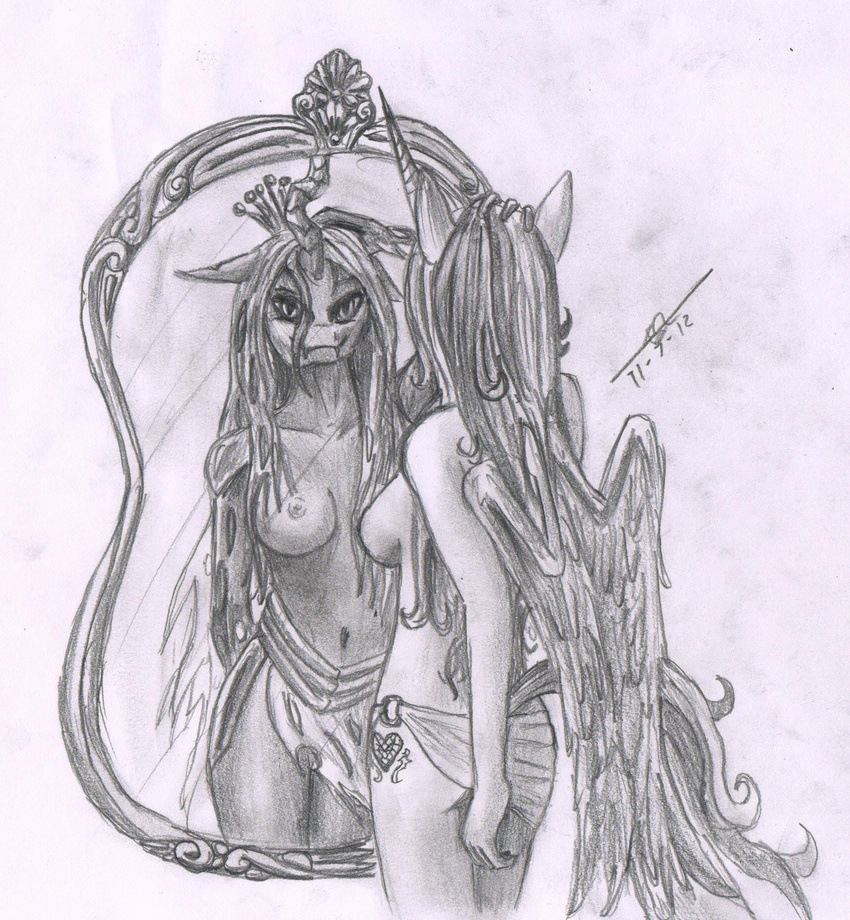 anthro anthrofied breasts changeling cutie_mark equine female friendship_is_magic horn mammal mirror my_little_pony nipples princess_cadance_(mlp) queen_chrysalis_(mlp) signature solo unknown_artist unknown_artist_signature winged_unicorn wings