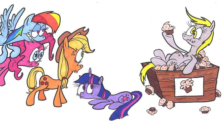 applejack_(mlp) art blakej creative cutie_mark derpy_hooves_(mlp) equine female feral food friendship_is_magic group hair horn horse humor mammal muffin multi-colored_hair my_little_pony pegasus pink_hair pinkie_pie_(mlp) pony rainbow_dash_(mlp) smile traditional traditional_media twilight_sparkle_(mlp) unicorn what what_has_science_done wings