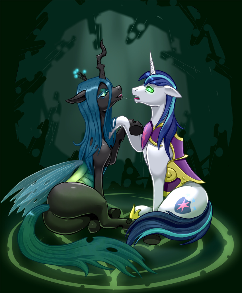 butt female friendship_is_magic green_eyes hypnotized male my_little_pony queen_chrysalis_(mlp) saliva shining_armor_(mlp)