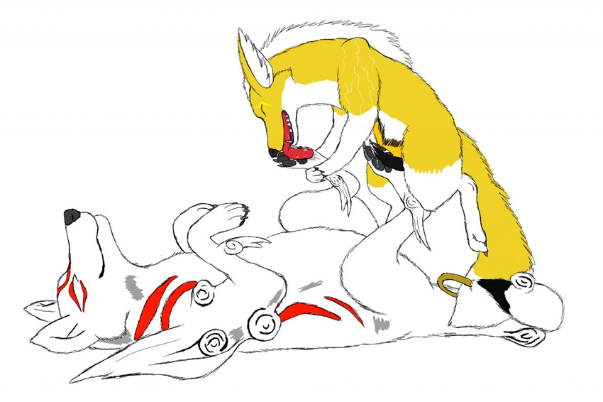 &#332;kami 4_toes ?kami amaterasu canine claws cum cum_on_feet deity duo eyes_close eyes_closed female feral foot_fetish footjob fox fur geezabeeza licking lying male mammal on_back original_character penis plain_background saliva sex tail_ring thunderbolt tongue tongue_out video_games white_background wolf yellow_fur