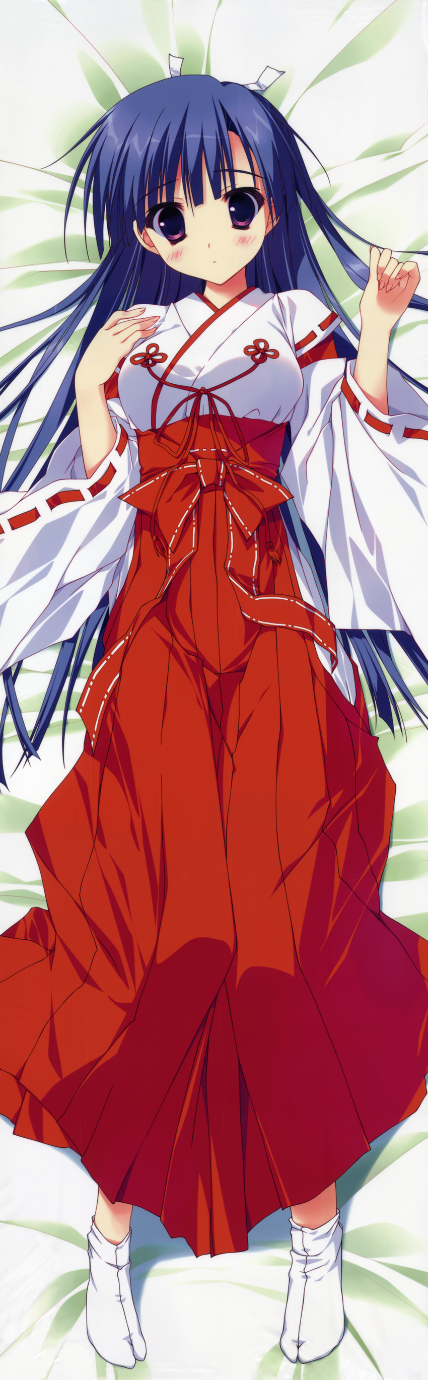 absurdres blue_hair dakimakura full_body hakama highres hoshizora_e_kakaru_hashi huge_filesize japanese_clothes koumoto_madoka long_hair long_image lying miko on_back purple_eyes red_hakama ryouka_(suzuya) solo tall_image