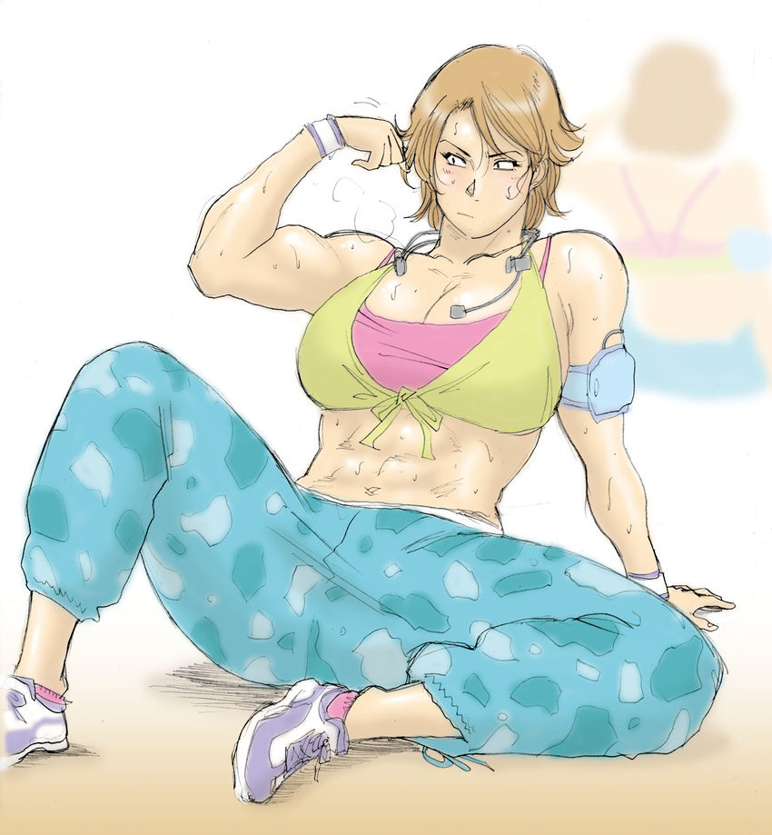 abs absurdres bikini_top blush brown_hair flex flexing headphones heavy_breathing highres muscle nappy_happy original pants pose reflection shoes short_hair side_glance simple_background sitting sneakers sports_bra sweat sweatpants white_background wristband zhang-yanhua