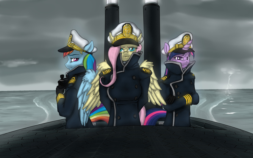 absurd_res anthro anthrofied binocular binoculars blue_body blue_hair cloud clouds crookend_smile cyan_eyes dark_clouds das_boot equine female fluttershy_(mlp) friendship_is_magic grey_sky group hair hi_res horn horse looking_at_viewer mammal military_uniform multi-colored_hair my_little_pony pegasus pink_hair pony purple_body purple_hair rainbow_dash_(mlp) rainbow_hair sea simple_background submarine swissleo swissleos twilight_sparkle_(mlp) unicorn uniform violet_hair water wings yellow_body