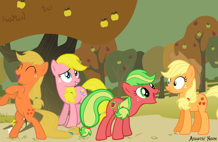 applejack_(g1) applejack_(g3) applejack_(mlp) aquatic_neon aquaticneon blonde_hair blong_hair blue_eyes cowboy_cat crossover cutie_mark equine excited eyes_closed female feral forest freckles friendship_is_magic fur g3 green_eyes green_hair group hair horse mammal my_little_pony my_little_pony_tales orange_fur outside pink_fur pony red_fur starlight starlight_(mlp) surprise tree two_tone_hair