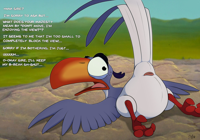 animal_genitalia avian beak bird cloaca detailed_background dialogue disney english_text exposed feathered_wings feathers feral hornbill looking_back lying male mcfan open_mouth red-billed_hornbill solo spread_legs spreading submissive submissive_male text the_lion_king wings zazu