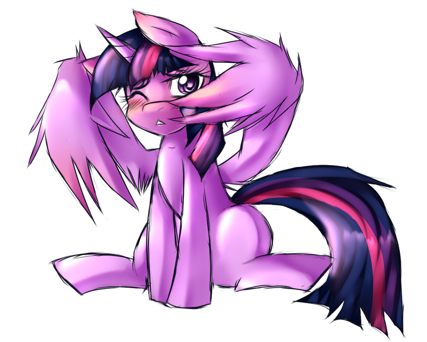 blush cute equine female feral friendship_is_magic horn horse looking_at_viewer mammal miss-mixi mixipony my_little_pony one_eye_closed pony purple_eyes sitting solo twilight_sparkle_(mlp) winged_unicorn wings wink