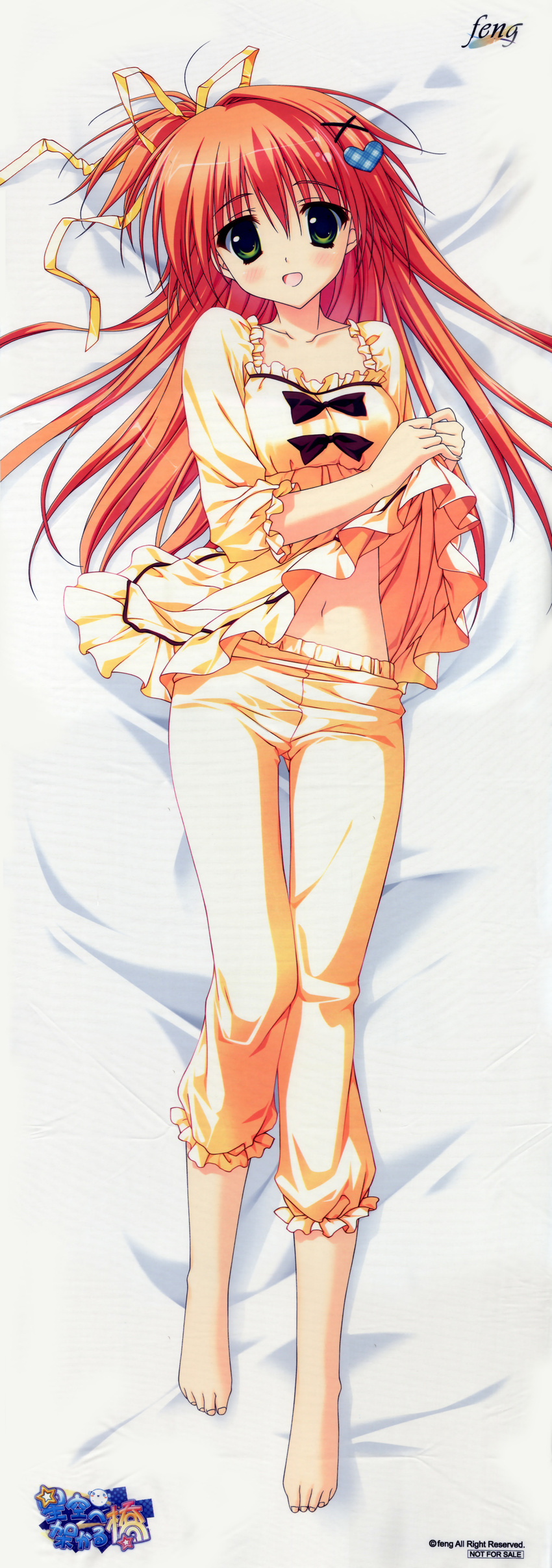 1girl absurdres barefoot dakimakura feet green_eyes hair_clip hair_ornament hairclip highres hoshizora_e_kakaru_hashi long_hair long_image lying nakatsugawa_ui navel orange_hair tall_image