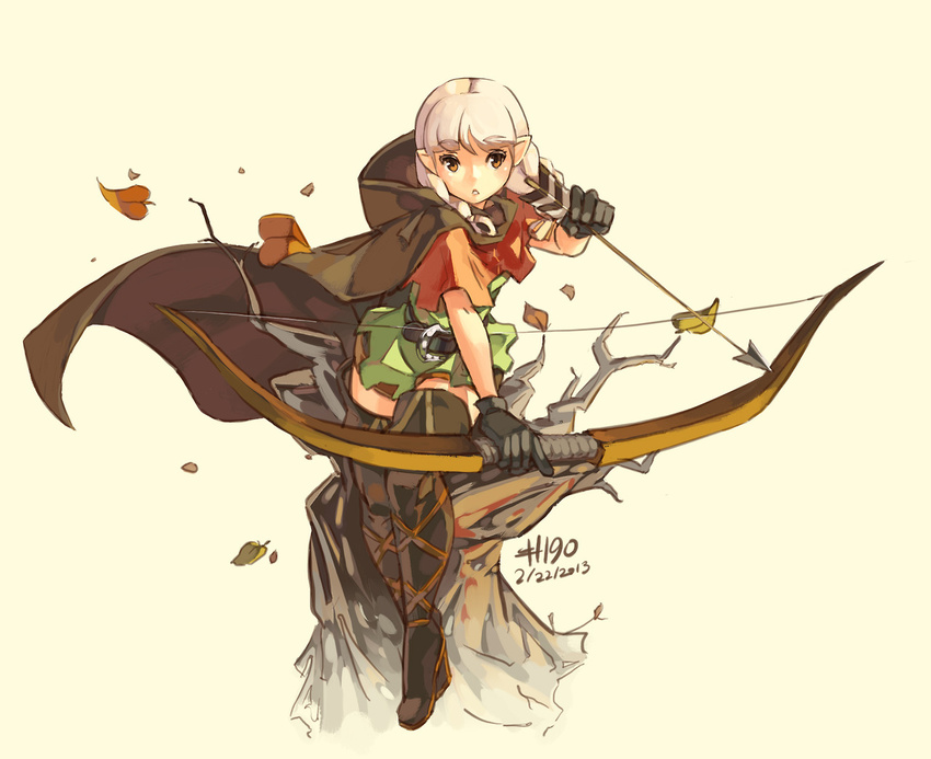 1girl arrow belt boots bow_(weapon) braid brown_background brown_eyes cape capelet dated dragon's_crown dragon&#39;s_crown dragon&#x27;s_crown dragon's_crown dress elf elf_(dragon's_crown) elf_(dragon&#39;s_crown) elf_(dragon&#x27;s_crown) elf_(dragon's_crown) gloves hood hood_down junkpuyo leaf long_hair open_mouth pointy_ears shorts simple_background solo standing thigh_boots thighhighs tree_stump tunic twin_braids vanillaware weapon white_hair zettai_ryouiki