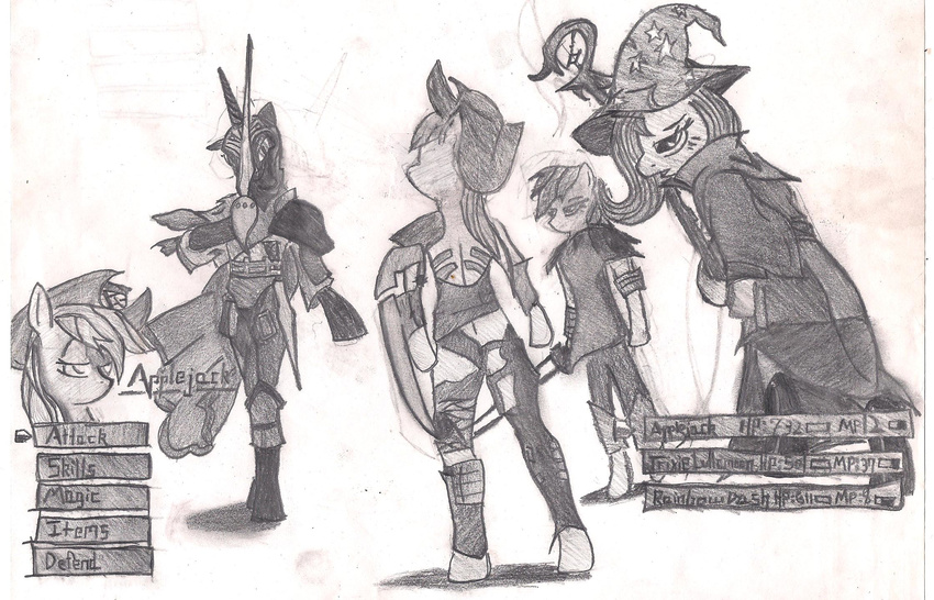 anthro anthrofied applejack_(mlp) armor clothing cowboy_hat equine female friendship_is_magic game greyscale group hat horse mammal monochrome my_little_pony nightmare_moon_(mlp) pony rainbow_dash_(mlp) rayfriedh rpg sword traditional traditional_media trixie_(mlp) weapon wizard_hat