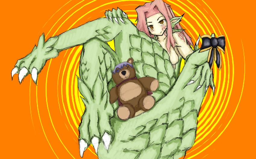 black_ribbon blush blushes dragon dragon-kin granberia hair long_claws luca monster monster_girl monster_girl_quest red_hair small_cape spiral_background spiral_backround tattoo teddy_bear