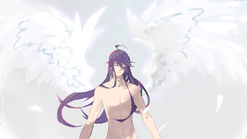 1boy eyes_closed feather feathers highres kamui_gakupo long_hair male_focus nude purple_hair shirtless_(male) solo standing vocaloid wings