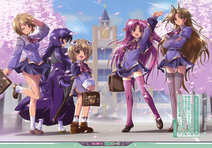 :d aoi_academy_uniform bag black_legwear blue_eyes blue_hair blush_stickers brown_eyes brown_hair building cherry_blossoms commentary fang garter_straps hakama highres japanese_clothes kamishiro_rin kazetsubaki_kuriko komatsu_eiji kurioka_maiho legs loafers maburaho miyama_yuuna multiple_girls open_mouth pink_hair pink_legwear plant purple_eyes purple_hakama salute school school_uniform shoes short_hair smile spring_(season) standing thighhighs tree waving yamase_chihaya zettai_ryouiki