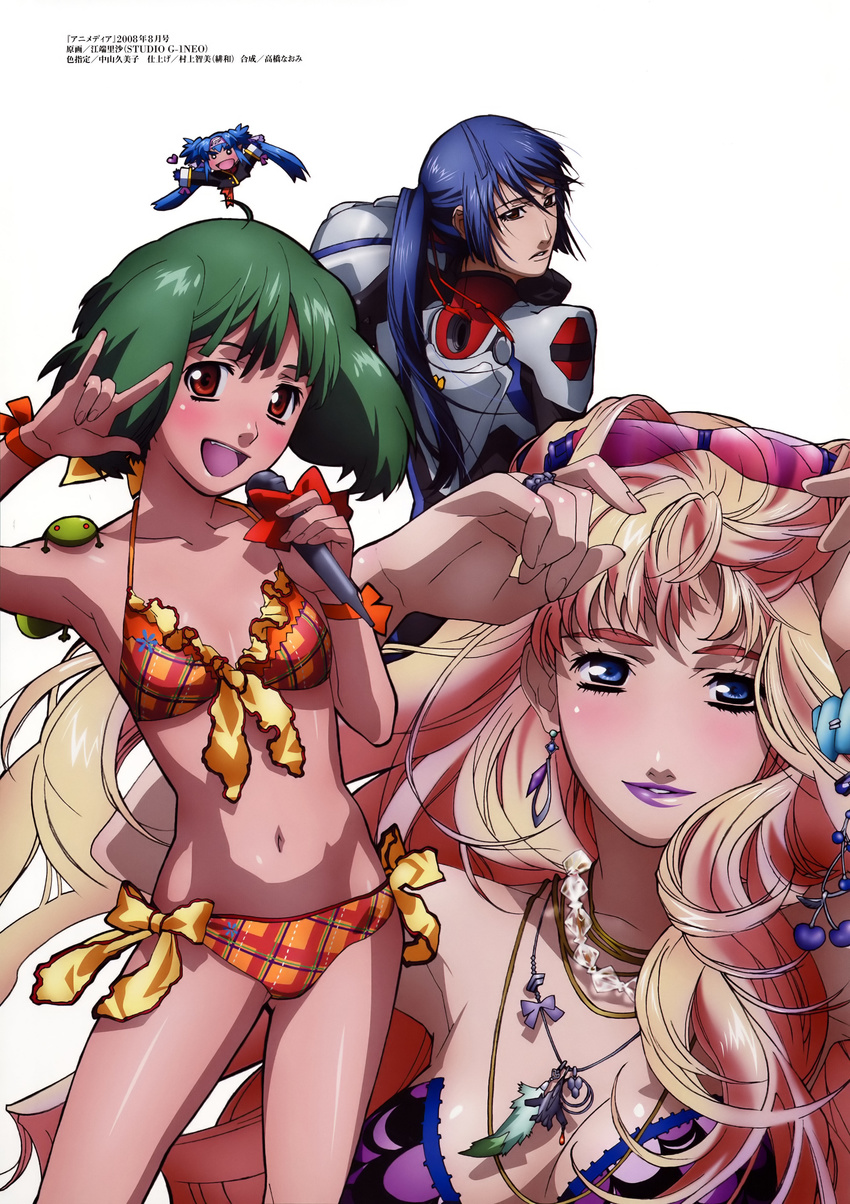 3girls :d \m/ absurdres ahoge armpits ass_visible_through_thighs bikini blonde_hair blue_eyes blue_hair blush bow bow_bikini breasts brown_eyes chibi cleavage earrings ebata_risa eyewear_on_head frilled_bikini frills front-tie_top green_hair headband highres jewelry klan_klein lipstick long_hair looking_at_viewer looking_back macross macross_frontier makeup medium_breasts microphone multiple_girls navel necklace official_art open_mouth parted_lips purple_lipstick ranka_lee red_eyes ribbon ring saotome_alto scan seikan_hikou sheryl_nome shiny shiny_skin short_hair side-tie_bikini simple_background small_breasts smile sunglasses swimsuit white_background wrist_ribbon