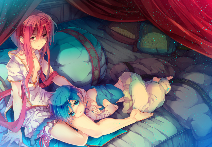 2boys @shimapan aladdin_(magi) bed blue_eyes braid long_hair magi_the_labyrinth_of_magic male multiple_boys pillow red_eyes red_hair ren_kouha single_braid