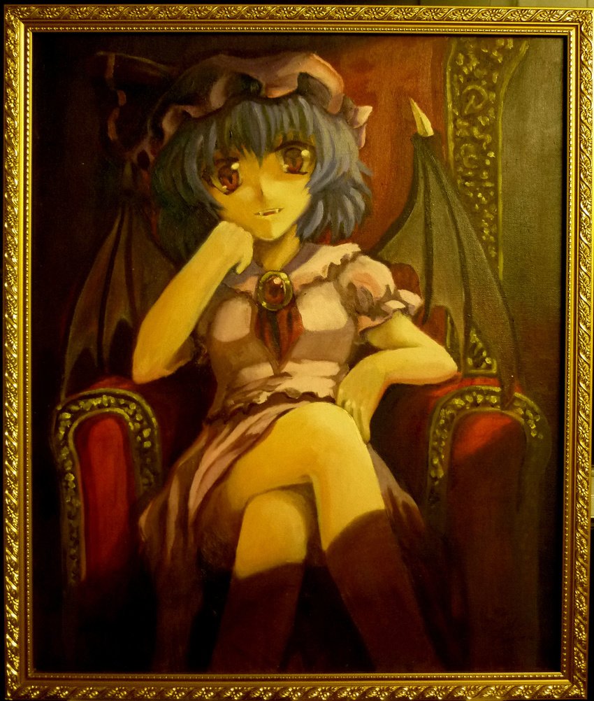 1girl armchair bat_wings blue_hair chair fang female hat highres oil_painting_(medium) red_eyes red_upholstery remilia_scarlet sitting smile throne touhou traditional_media wings yo-chaosangel