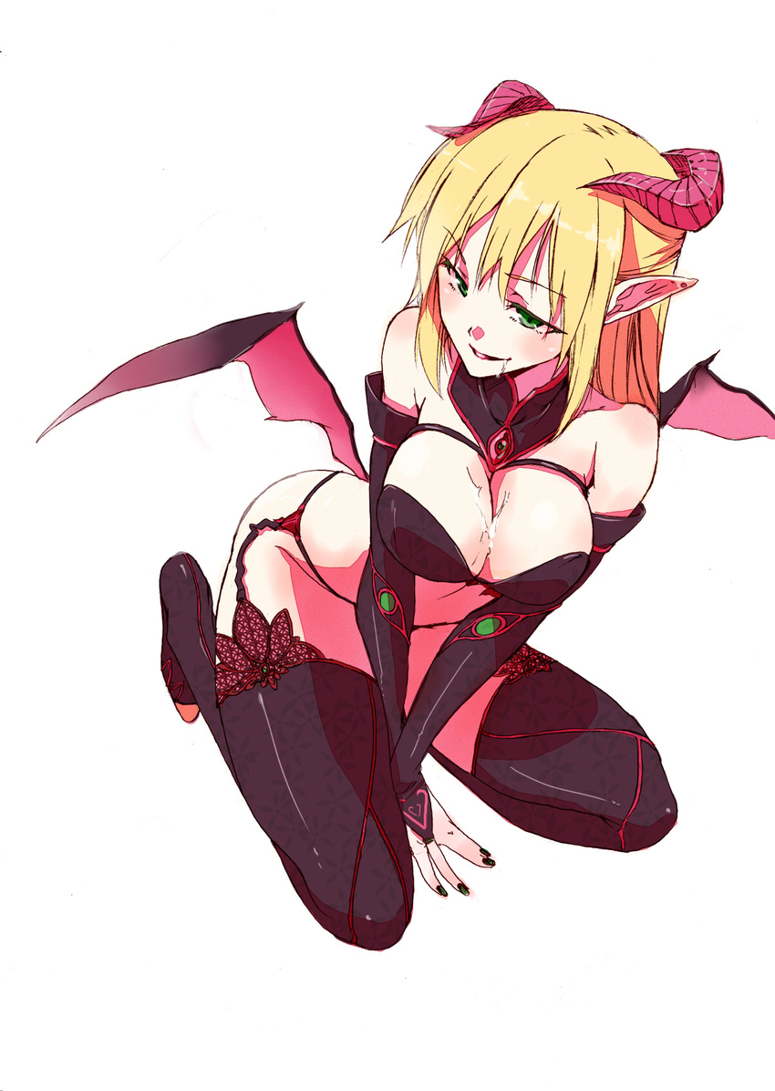 bad_id bad_pixiv_id bare_shoulders bat_wings blonde_hair blush breasts bridal_gauntlets cleavage cum cum_in_mouth cum_on_body cum_on_breasts cum_on_upper_body demon_girl elbow_gloves garter_straps gloves green_eyes harness highres horns kurokuro large_breasts long_hair mizuhashi_parsee pointy_ears short_hair simple_background smile solo succubus thighhighs touhou white_background wings