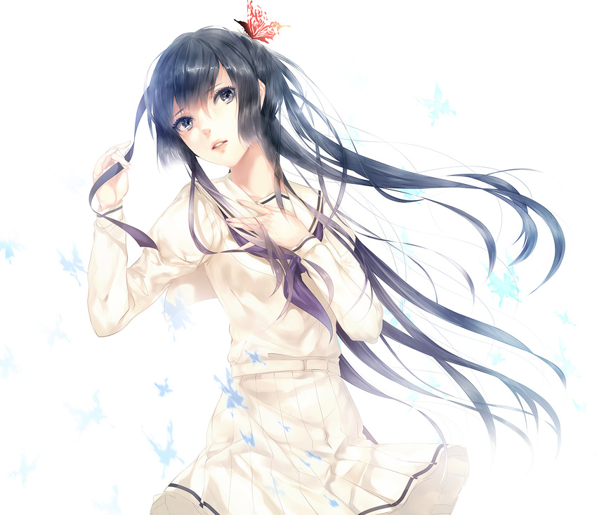 black_eyes black_hair butterfly_hair_ornament hair_ornament highres kara_no_shoujo kara_no_shoujo_2 kayahara_yukiko long_hair porigon school_uniform simple_background