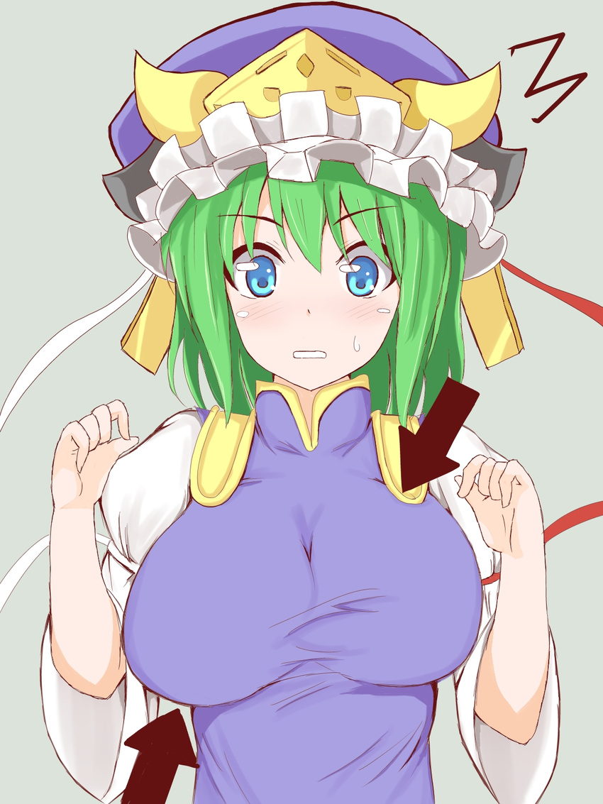 blue_eyes blush breasts directional_arrow green_hair hat highres large_breasts nikonikosiro shiki_eiki short_hair simple_background solo surprised touhou wide_sleeves