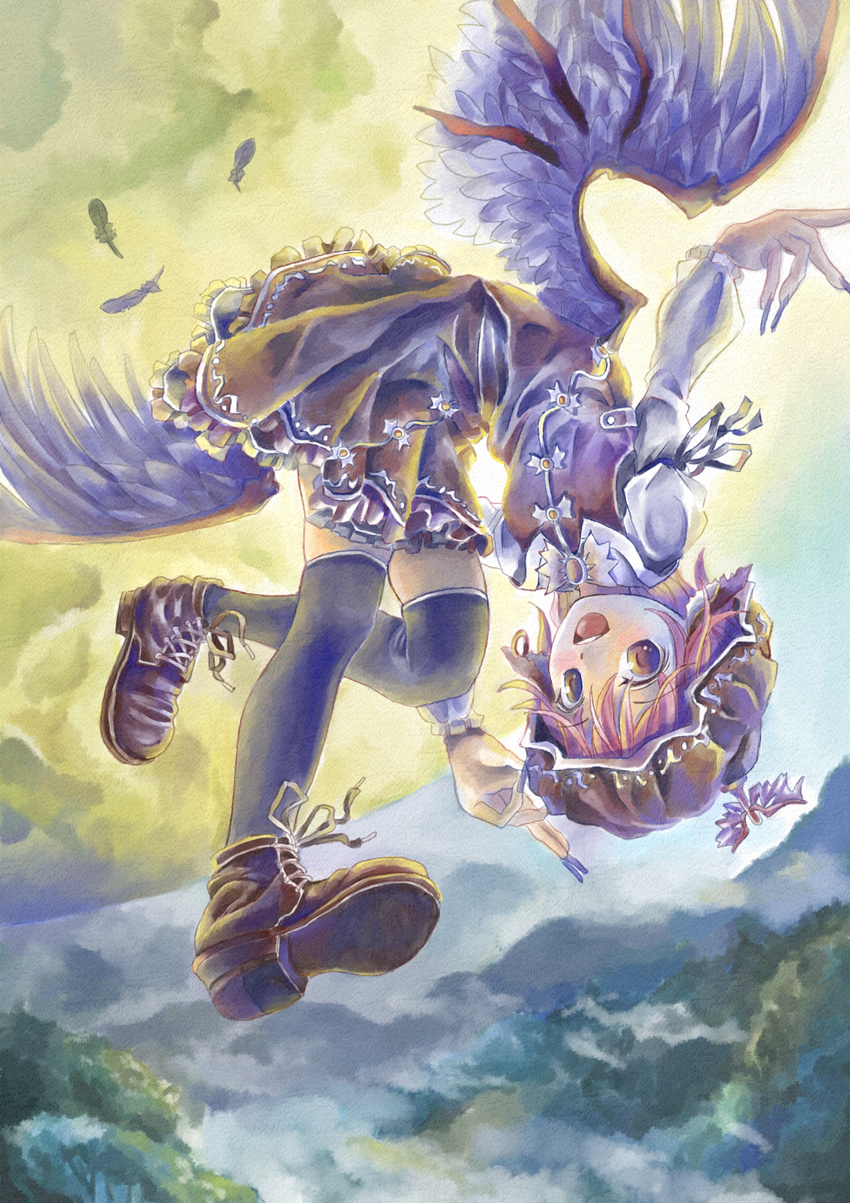 animal_ears bad_id bad_pixiv_id bent_over brown_eyes feathers fingernails flying full_moon hat highres long_fingernails looking_at_viewer moon mystia_lorelei nagayo night open_mouth pink_hair shoelaces shoes solo thighhighs touhou wings