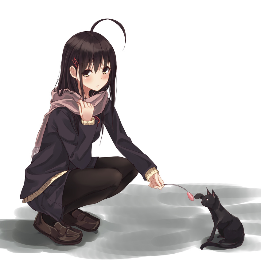 absurdres ahoge black_cat black_hair black_legwear cat cat_teaser hair_ornament hairclip highres jacket long_hair long_sleeves original pantyhose pleated_skirt scarf second_heaven shoes skirt squatting yellow_eyes