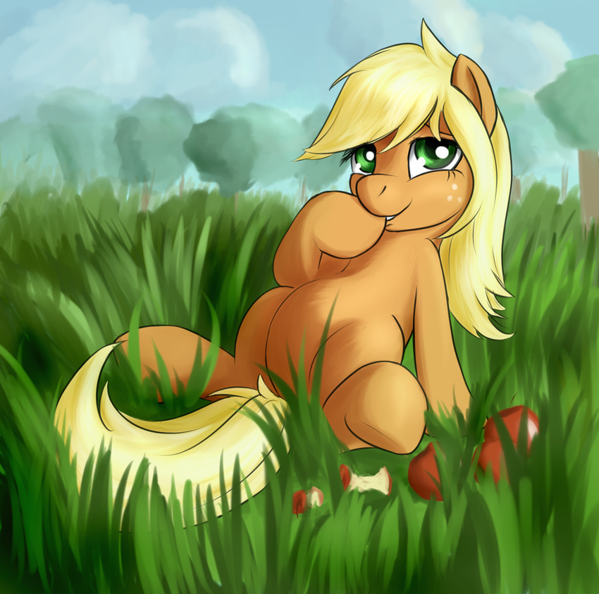 applejack_(mlp) equine female feral friendship_is_magic fruit grass horse mammal my_little_pony sated sokolas solo