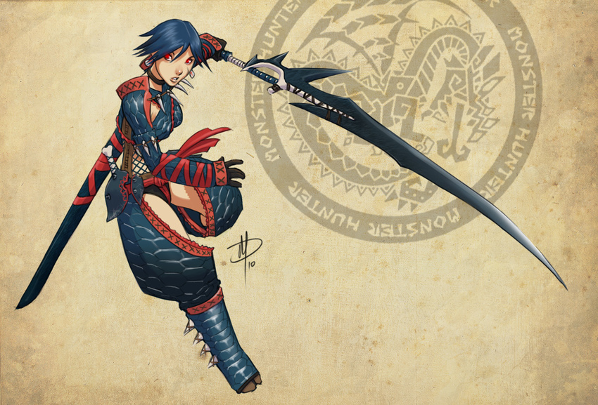 armor baggy_pants blue_hair breasts choker colorized daniel_macgregor earrings fishnets gloves greaves huge_weapon jewelry medium_breasts monster_hunter nargacuga_(armor) naruga_(weapon) pants red_eyes scabbard sheath short_hair signature solo sword unsheathed vambraces weapon