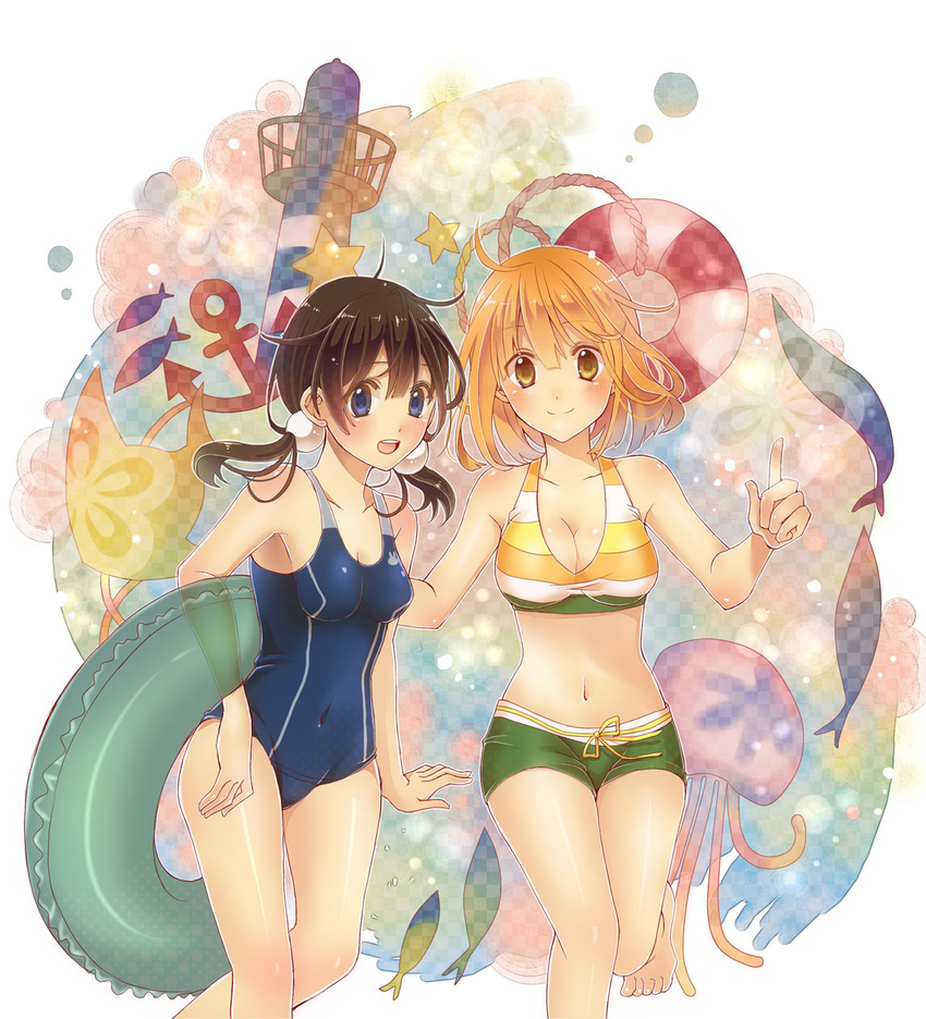 ahoge barefoot bikini bikini_shorts black_hair blonde_hair blue_eyes blush breasts brown_eyes cleavage covered_navel green_bikini_bottom highres kitashirakawa_tamako long_hair low_twintails medium_breasts mismatched_bikini multicolored_bikini_top multiple_girls navel one-piece_swimsuit school_swimsuit serino_itsuki short_hair shorts swimsuit tamako_market tokiwa_midori twintails