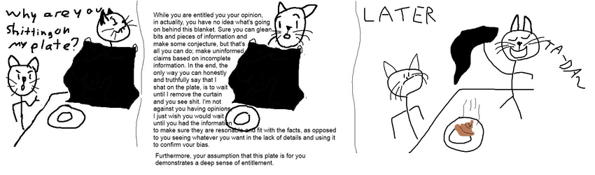 ambiguous_gender canine cat dialog dog english_text entitlement f&aelig;ces feline frown plate scat smile text unknown_artist