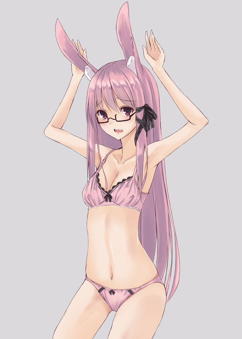 :d absurdres animal_ears armpits arms_up blush bra breasts bunny_ears cleavage collarbone cowboy_shot glasses grey_background highres long_hair looking_at_viewer navel open_mouth original panties pink_bra pink_eyes pink_hair pink_panties second_heaven simple_background small_breasts smile solo standing stomach underwear underwear_only