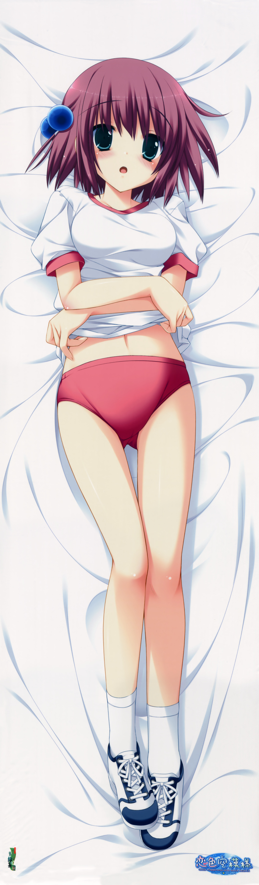 absurdres blue_eyes buruma dakimakura full_body gotou_nao gym_uniform hair_bobbles hair_ornament hashimoto_yuuki highres huge_filesize koiiro_soramoyou legs lying on_back open_mouth purple_hair shoes short_hair solo undressing