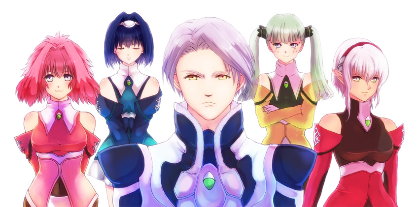 4girls :3 animal_ears bad_id bad_pixiv_id bare_shoulders blue_eyes blue_hair blush bunny_ears closed_eyes crossed_arms detached_sleeves dominia_yizkor freckles green_eyes green_hair hair_tubes hairband highres kahran_ramsus kelvena_(xenogears) long_hair military military_uniform multiple_girls nagidango pink_hair pointy_ears seraphita_(xenogears) short_hair silver_hair smile tolone_(xenogears) twintails uniform xenogears yellow_eyes