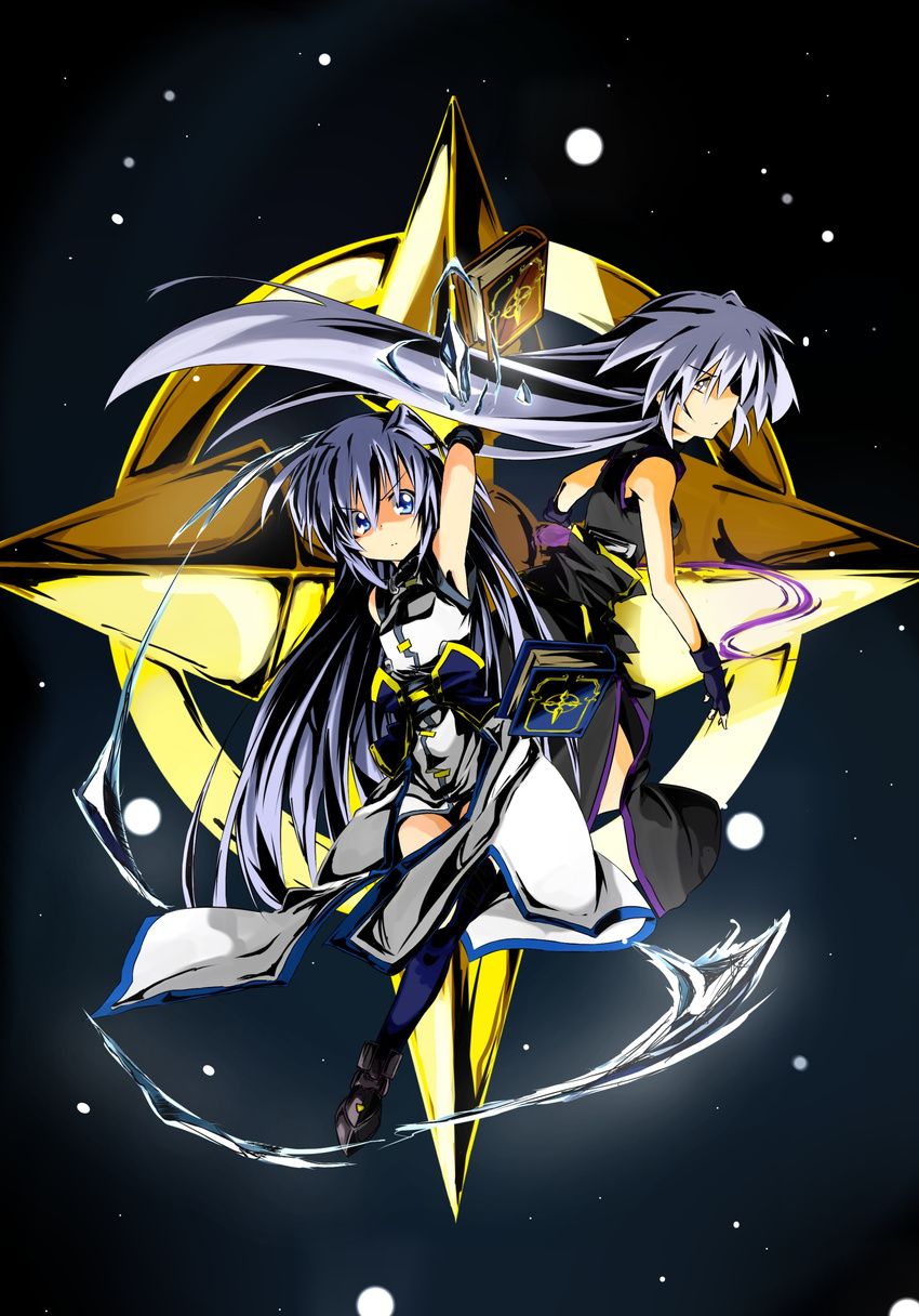 armpits bare_shoulders blue_eyes blue_hair book_of_the_azure_sky bygddd5 fingerless_gloves gloves highres long_hair lyrical_nanoha magical_girl mahou_shoujo_lyrical_nanoha mahou_shoujo_lyrical_nanoha_a's mahou_shoujo_lyrical_nanoha_the_movie_2nd_a's multiple_girls red_eyes reinforce reinforce_zwei schwertkreuz silver_hair sky sleeveless star_(sky) starry_sky thighhighs time_paradox tome_of_the_night_sky very_long_hair