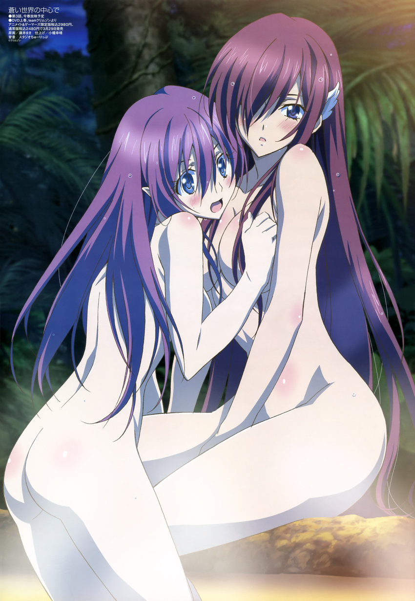 absurdres aoi_sekai_no_chuushin_de ass blue_eyes breasts censored cleavage convenient_censoring fujii_maki hair_over_one_eye highres legs long_hair medium_breasts megami multiple_girls nel_(aoi_sekai_no_chuushin_de) night non-web_source nude official_art opal_(aoi_sekai_no_chuushin_de) pointy_ears purple_hair sideboob very_long_hair