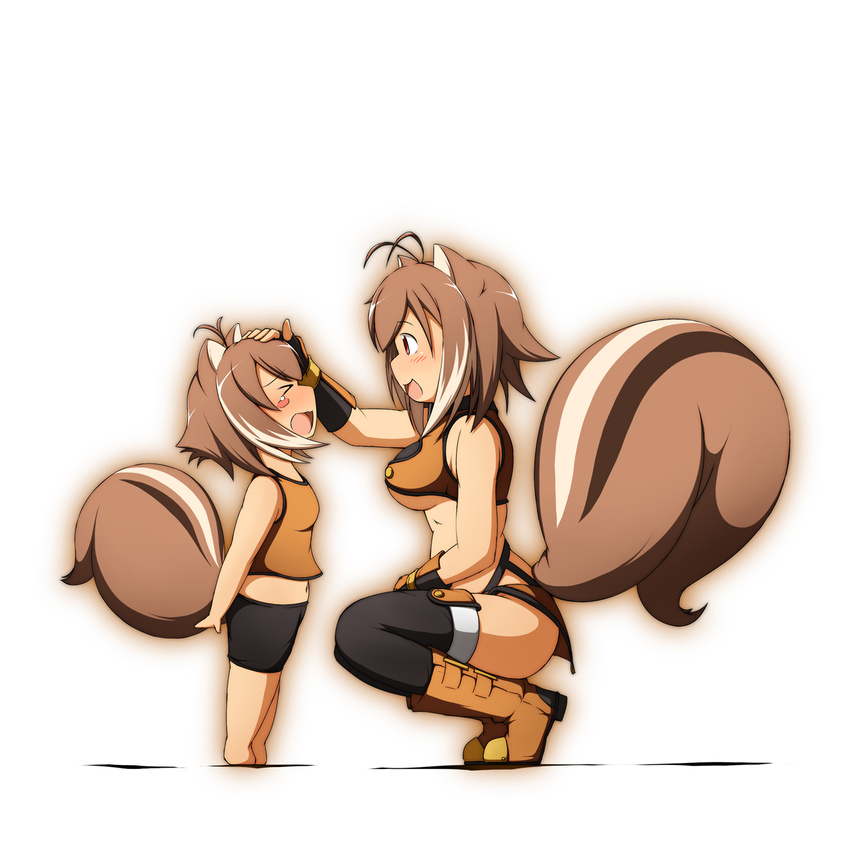 &gt;_&lt; :d ahoge animal_ears antenna_hair bare_shoulders barefoot bike_shorts blazblue blush_stickers breasts brown_hair child closed_eyes crying dual_persona fingerless_gloves gloves highres makoto_nanaya medium_breasts mirano multiple_girls open_mouth orange_shirt petting shirt shorts small_breasts smile squirrel_ears squirrel_tail tail tears thighhighs time_paradox underboob younger